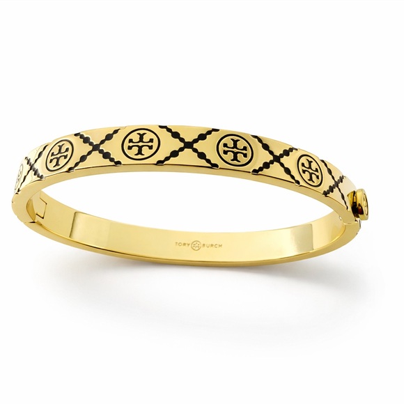 Tory Burch Jewelry - Tory Burch Monogram enamel miller stud hinge bracelet in black and gold tone.